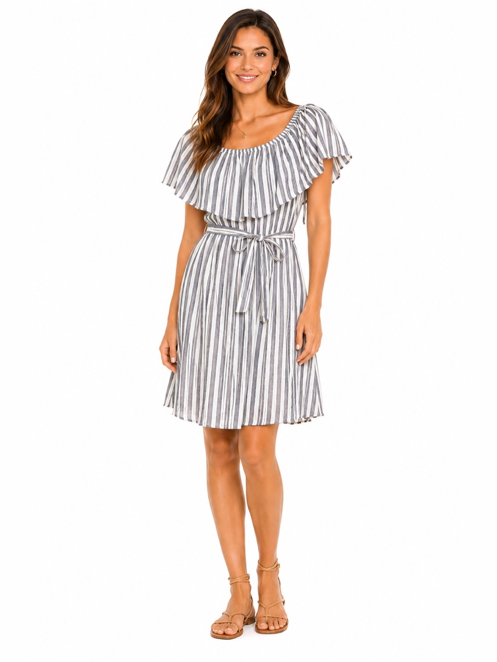 NWT She + Sky Size Medium Women's Striped Ruffle Off Shoulder Dress with Belt
